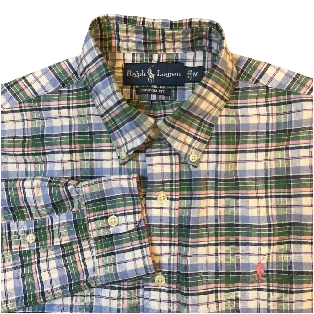 Ralph Lauren Button‎ Down Shirt Mens Medium Green Plaid Custom Fit Long Sleeve